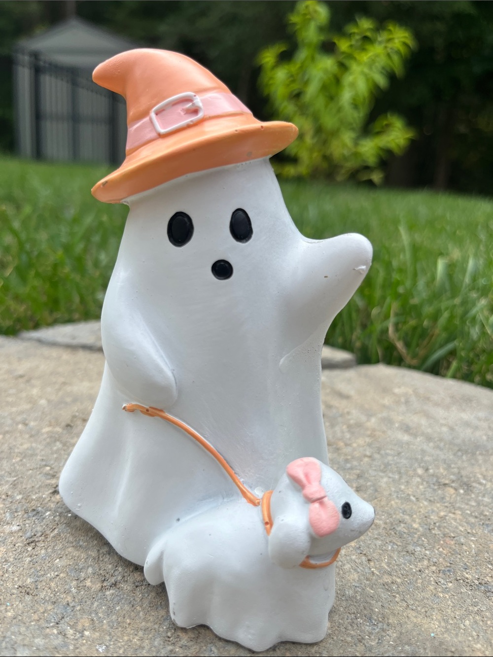 Cute White Ghost Figurine with Peach Witch Hat and Puppy Accent